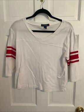 Sport-Tek White V-Neck Short Sleeve Tee with Red Sleeve Stripes